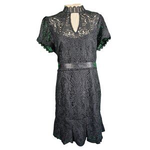 WHBM Black Lace Overlay Fit and Flare Cocktail Dress with high lace collar sz 16